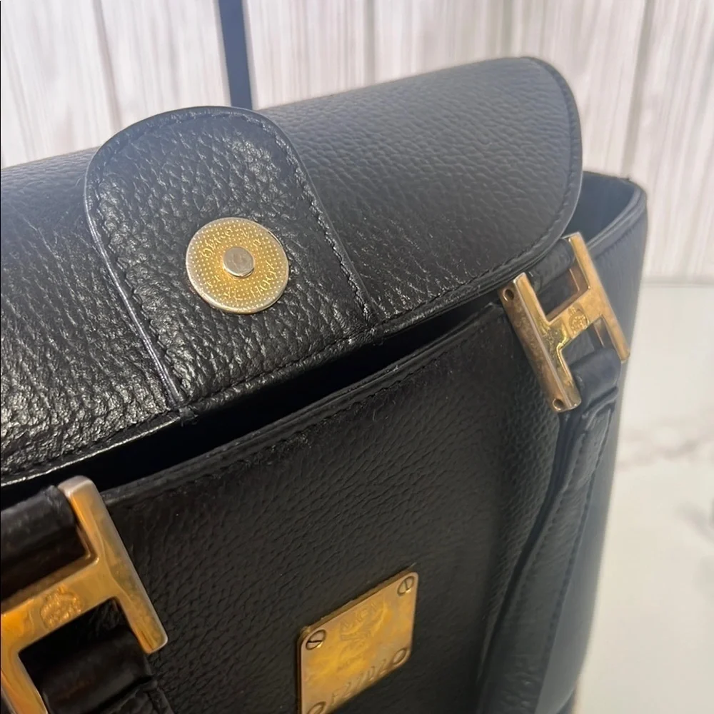 MCM Black Mini Tote with Gold Accents and Trapezoid Shape